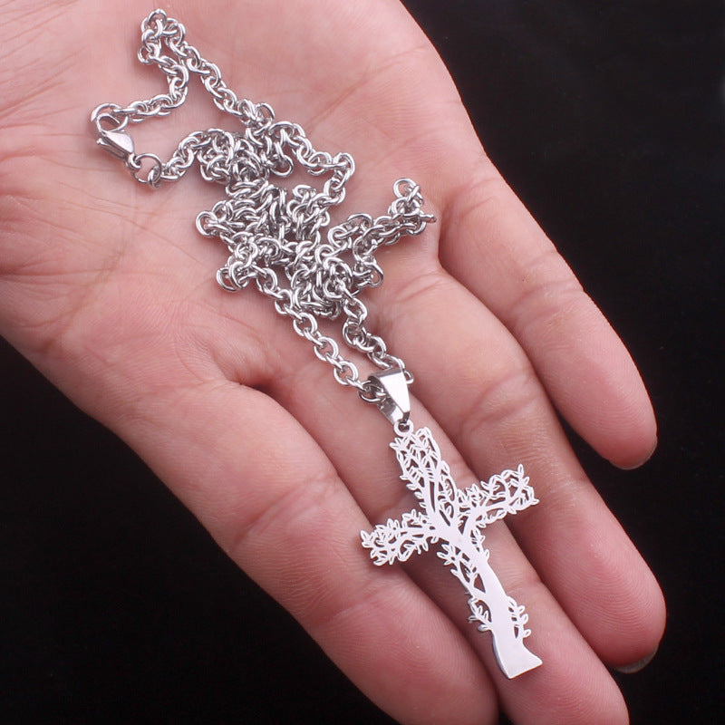 New Stainless Steel Tree Of Life Cross Necklace